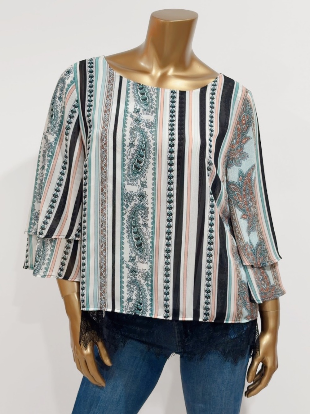 Chico's Women's Striped Paisley Print Lace Trim Blouse Top Size 1 U.S. Size 8/10